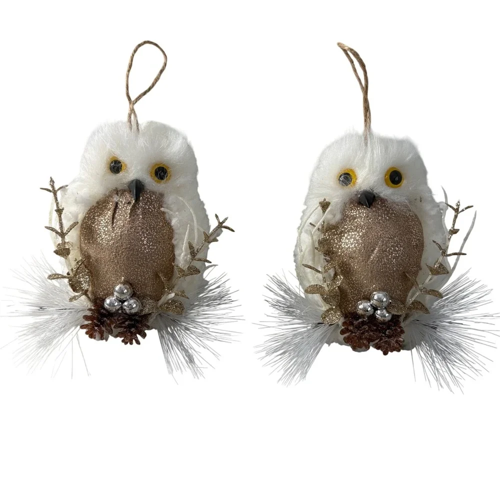 Set of 2 White Faux Fur Owl Christmas Ornaments Rose Gold Glitter Accents 5